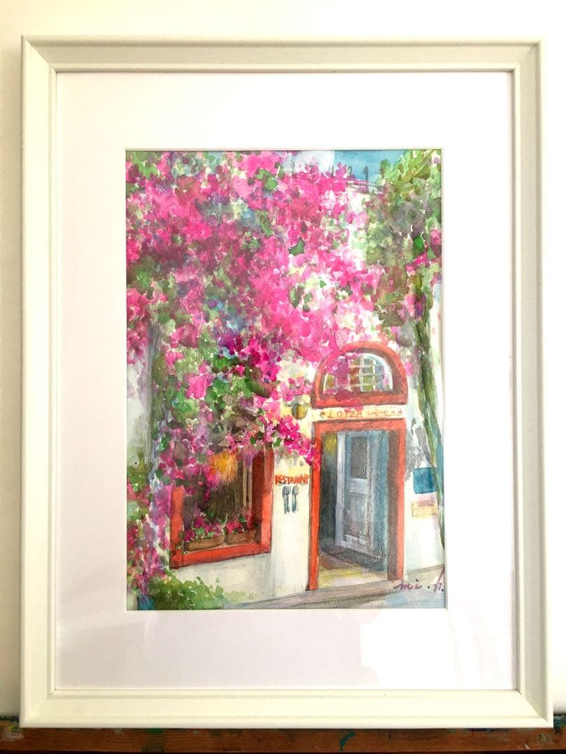 気まぐれSALE！　ブーゲンビリア咲くレストラン　透明水彩画　ホワイト額入り エーゲ海とブーゲンビリア01」透明水彩画 原画 風景画 額縁付 F4サイズ