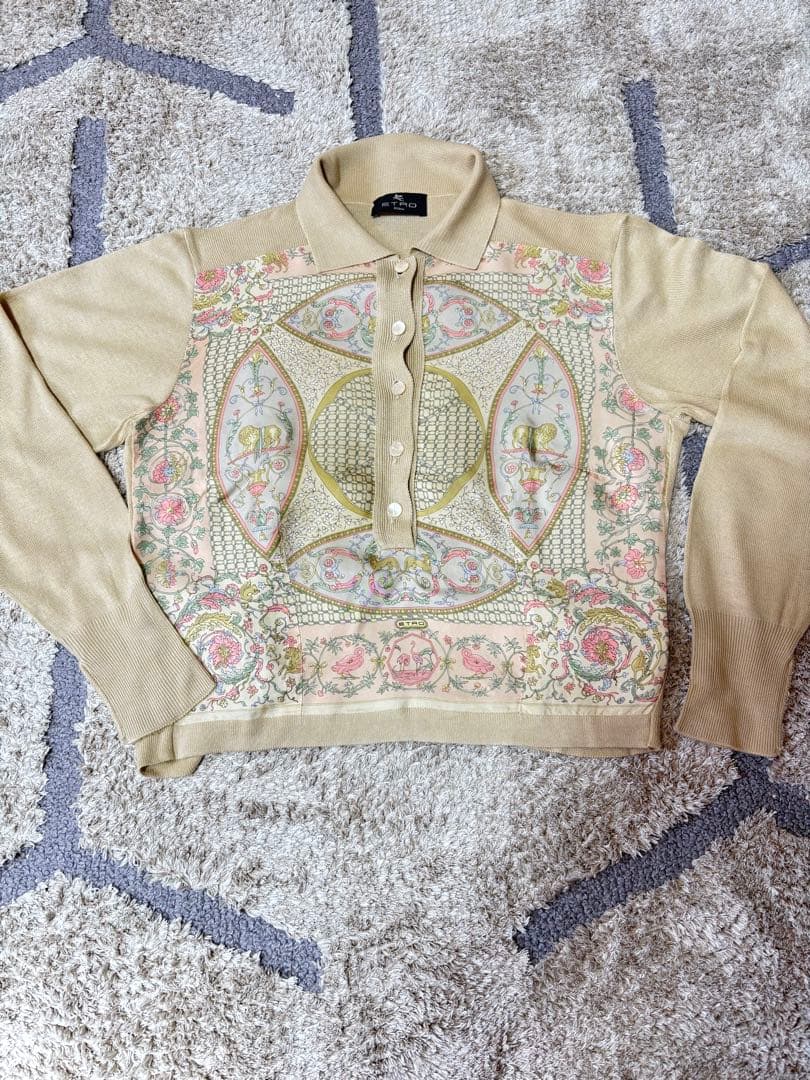 ETRO シルクとレーヨン長袖ポロシャツ ベージュ44サイズ EDWIN（エドウィン） セール ポロシャツ 鹿の子 涼しい 胸ポケット