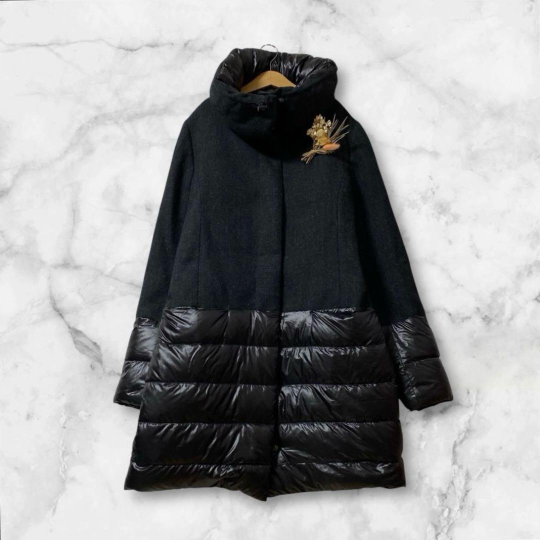 メルヴェイユ ヴァント　リバーシブル　ダウン　ウール　ロングコート　大きめ　黒 メルヴェイユ ヴァント エコファー付 はっ水 軽量 リバーシブル ダウン