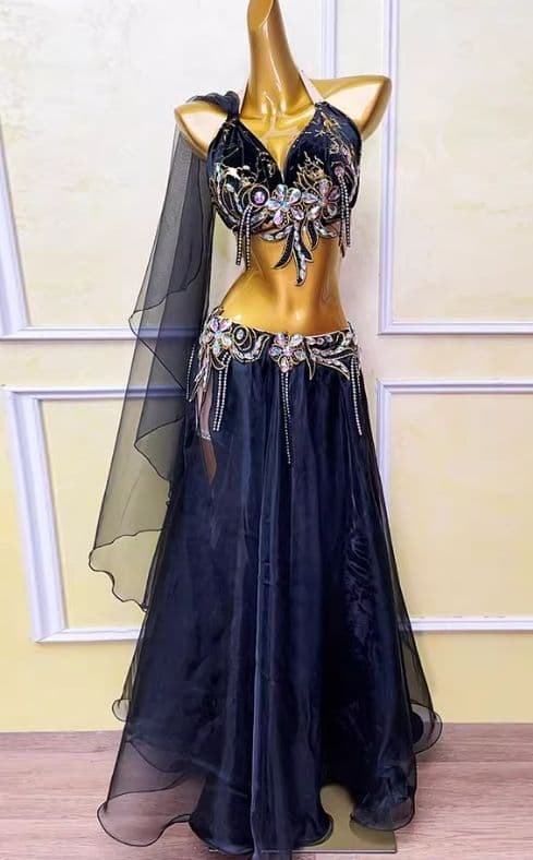 ベリーダンス衣装 ブラスカートセットアップ 黒 オーダーメイド ベリーダンス衣装 ブラックマーメイドフラワー CBK-07 - ベリーダンス