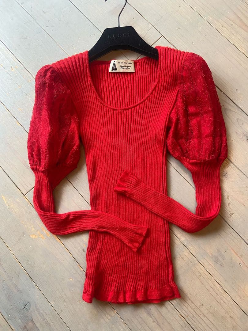 leur logette リブニット パフスリーブ レース カシミヤ　シルク レースオフショルリブニット（ニット/セーター）｜KOBE LETTUCE