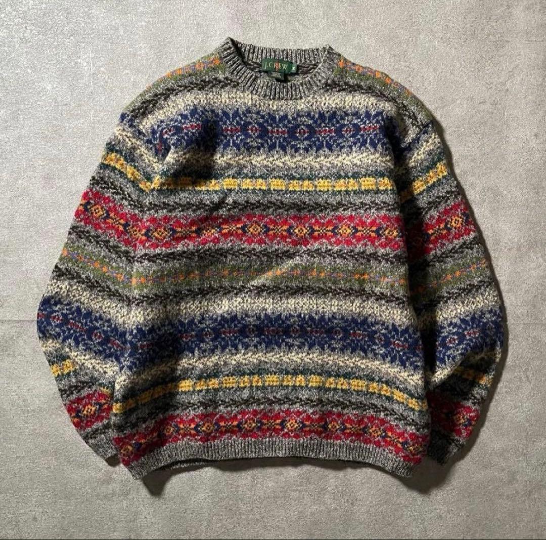 90s J.CREW 巨人タグ マルチカラー ニット ウール ボーダー ◎90s J.CREW マルチボーダー クルーネックウールニットセーター M