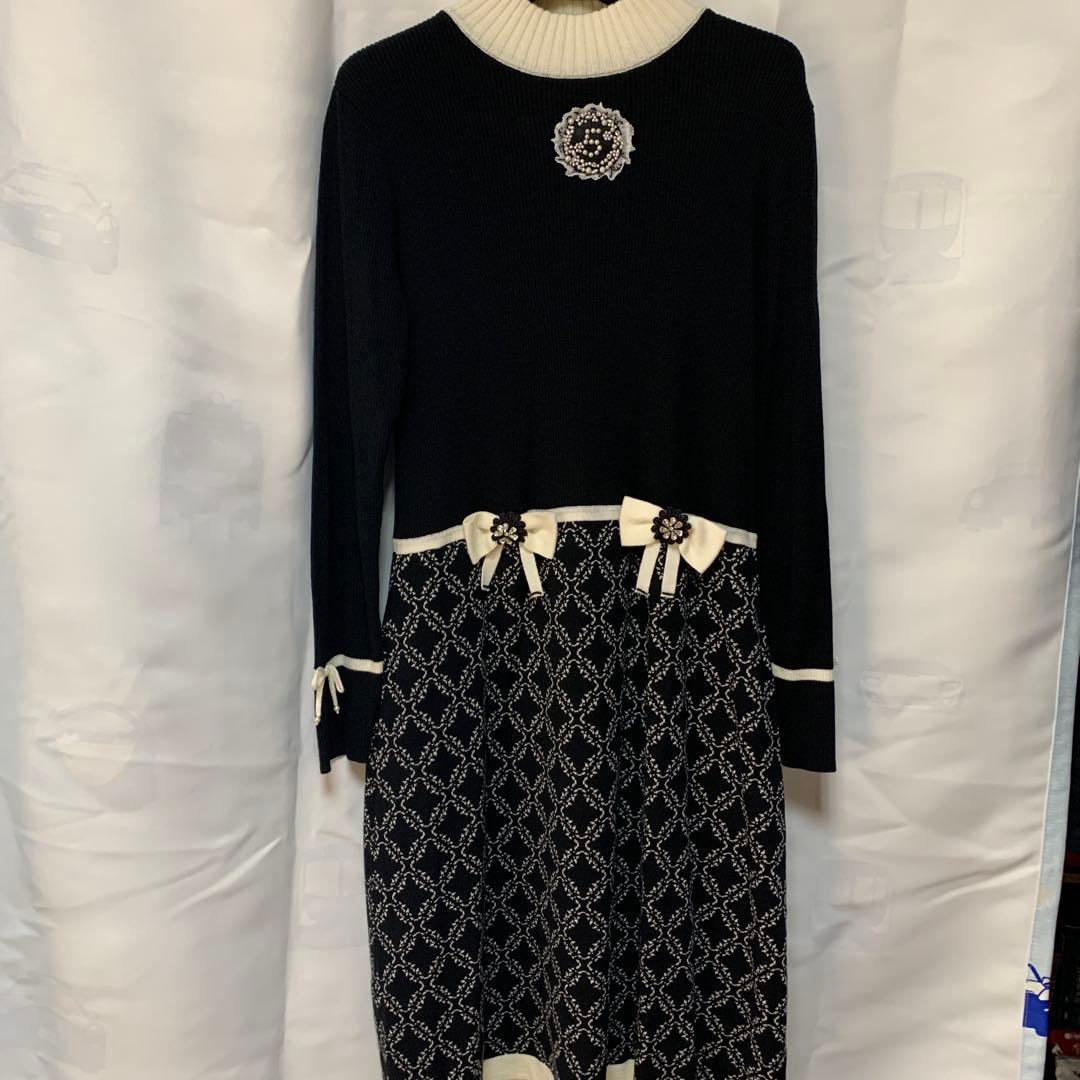 スーパービューティーの長袖ワンピース 黒と白のコンビネーション、カーディガン 秋冬50%OFF スーパービューティー カーディガン 白襟 ロングカーディ