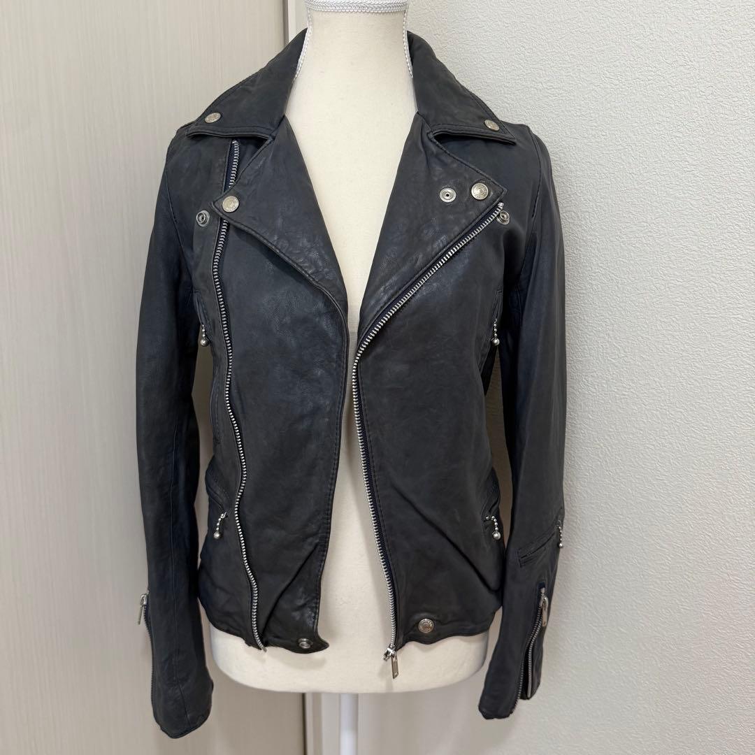 Hypteric Glamourブルーグレーレザー ライダースジャケット 美品 Riche glamour フェイクレザーダブルライダースジャケット