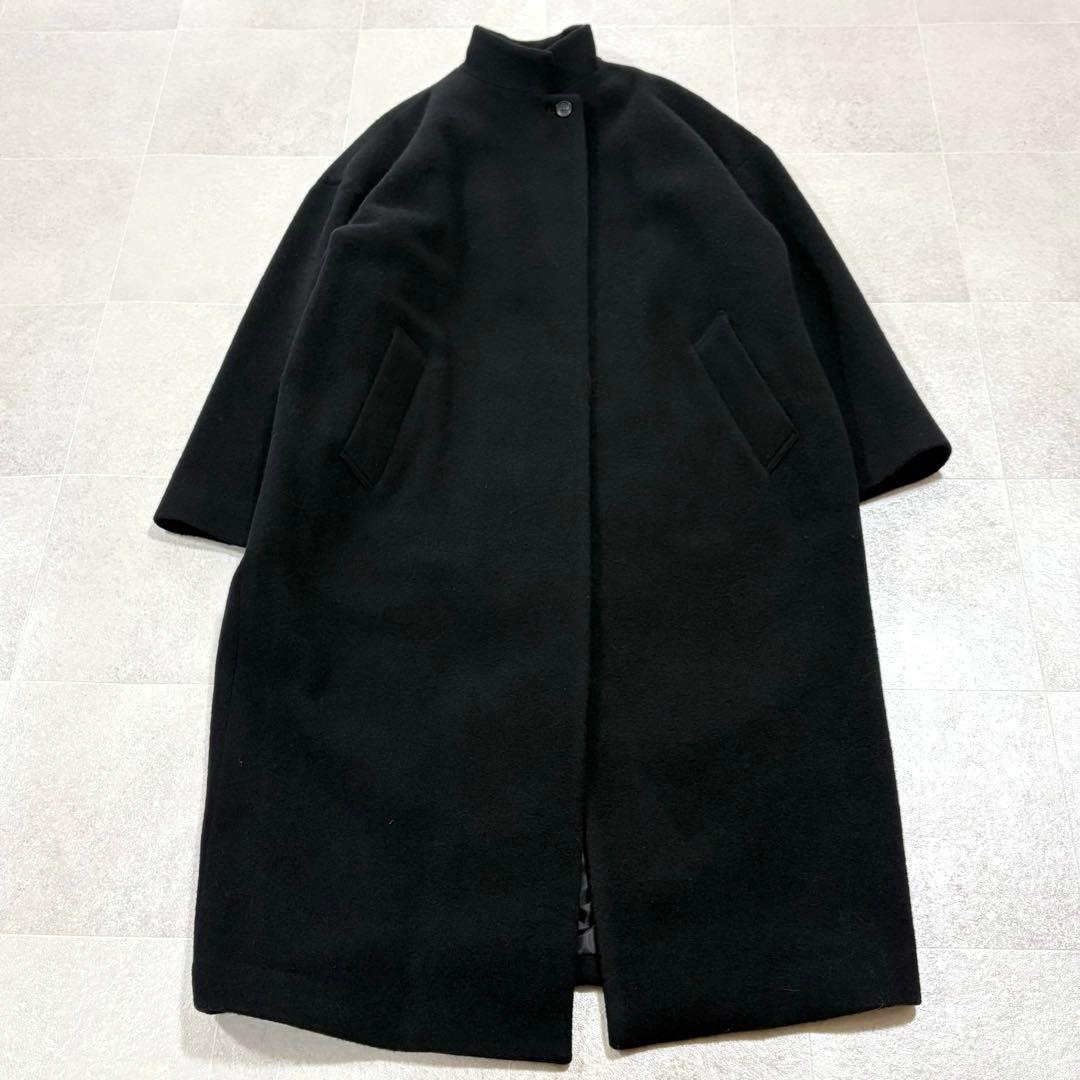 ミズイロインド　ウールブレンド　スタンドカラーコート　ロングコート　ブラック mizuiro ind (ミズイロインド) ウールブレンドスタンドカラーコート