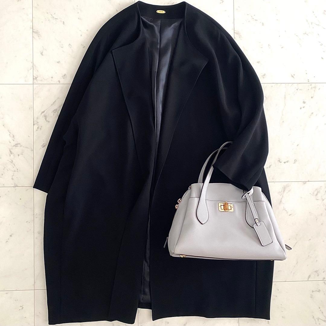 美品 ミューズドゥドゥーズィエムクラス トリアセノーカラーコート 黒 日本製 トリアセジョーゼット ノーカラー ハーフコート（ノーカラーコート