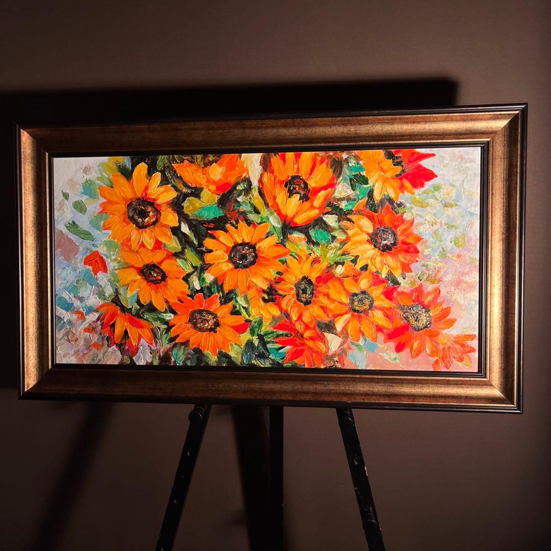 手書き油絵 ひまわり 額付 肉筆絵画 インテリア 油彩画 楽天市場】手描き 油絵 額入り油彩画 向日葵 F6サイズ ひまわり