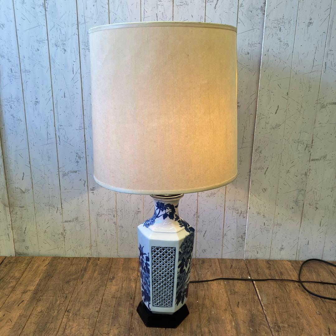 昭和レトロ 陶器製 染付 牡丹 透かし スタンドランプ フロアライト 照明器具 VINTAGE 70s ヴィンテージ*ヤマハ陶芸*フィギュリン スタンドライト