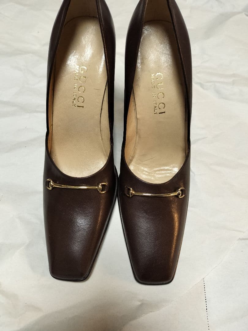 未使用GUCCI ダークブラウン スクエアトゥ ハイヒール37.5 GUCCI BROWN Patent Leather High Heel Wedges #182111 - US 9.5B w