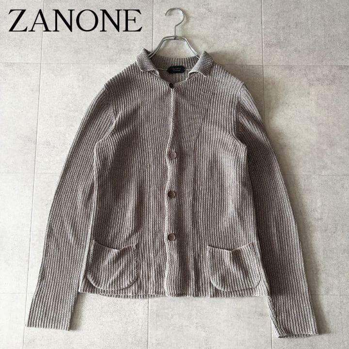 現行✨️極美品 ザノーネ ニットジャケットカーディガン 44 グレージュ リネン ZANONE（ザノーネ）7ゲージリネンコットンスタンドカラーニット
