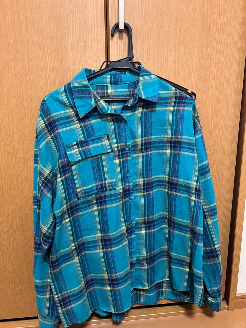 青系チェック柄長袖シャツ - メルカリ