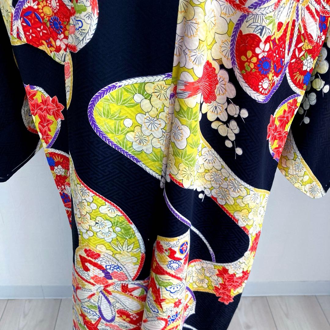 アンティーク着物　子供着物　正絹　黒　花模様　未使用しつけ糸付　No.6-20