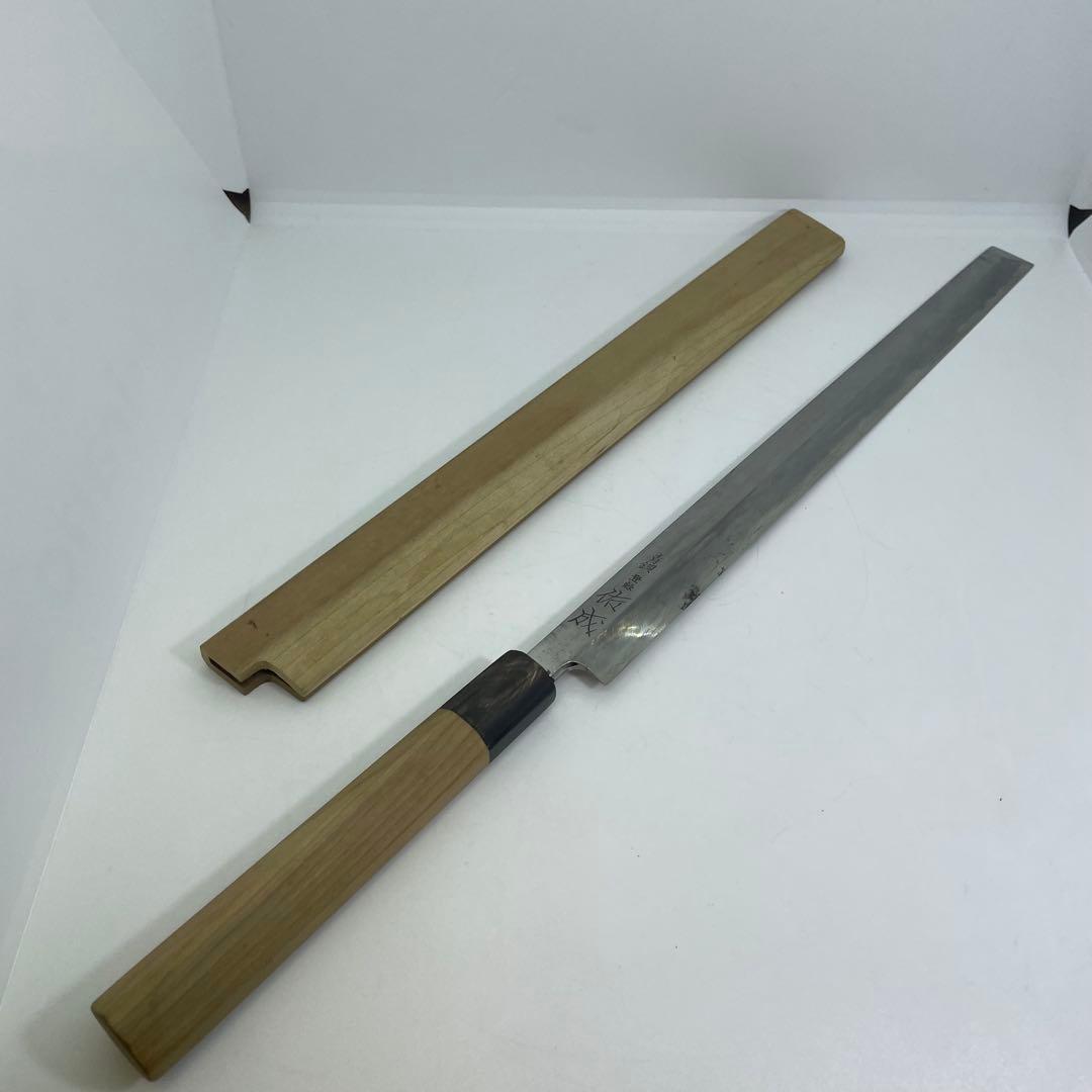 【ジャンク扱】青鋼 祐成 スケナリ 和包丁 32.7㎝ 鞘付き 中川作 煌 青一鋼 墨流し 先丸蛸引包丁 鞘付き – 堺一文字光秀