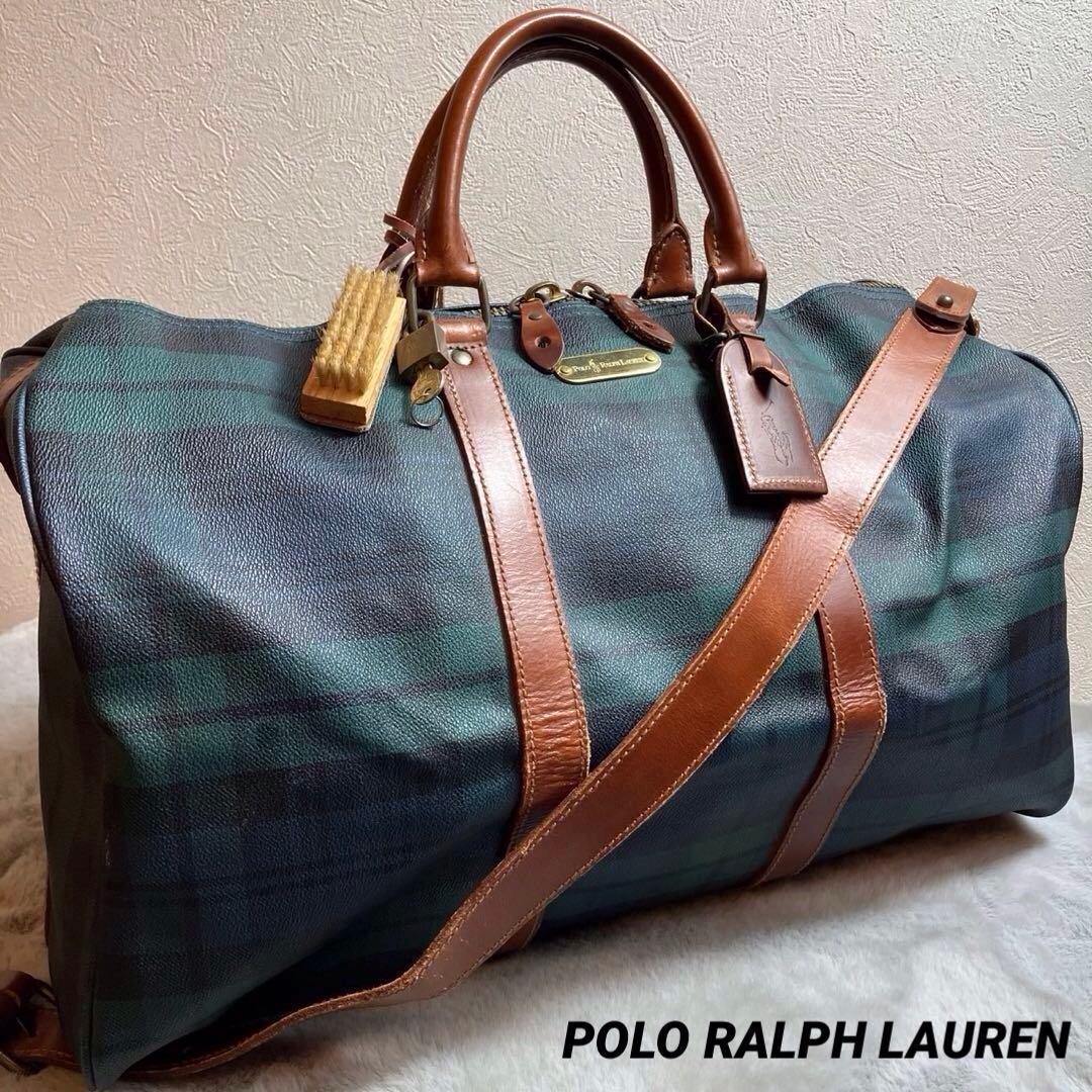 ポロラルフローレン　大容量　ボストンバッグ　チェック　レザー　PVC グリーン POLO RALPH LAUREN ラルフローレン ボストンバッグ チェック柄 PVC