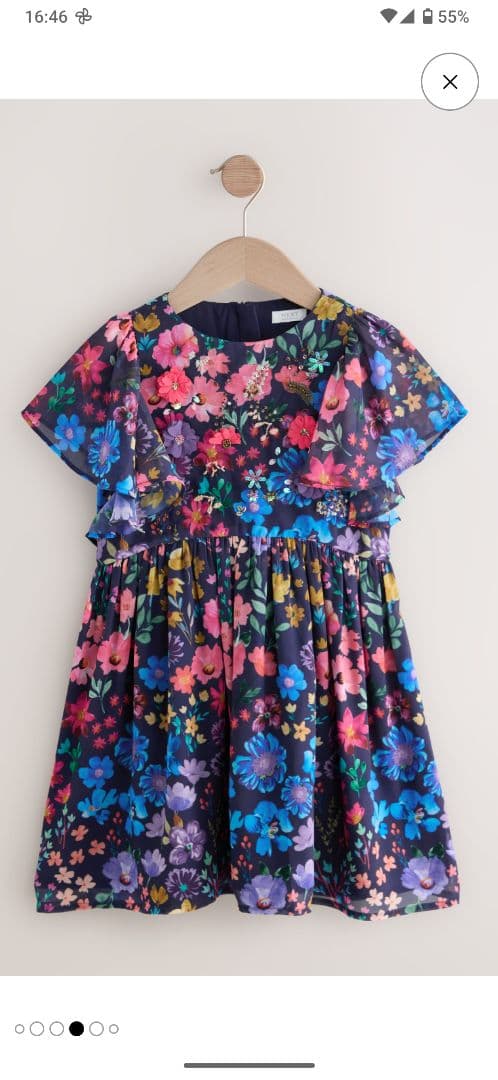 next ネイビーブルー小花柄エンジェルスリーブ 装飾付 スパンコール Next：日本 コバルトブルー - エンジェルスリーブクリンクルドレス (3