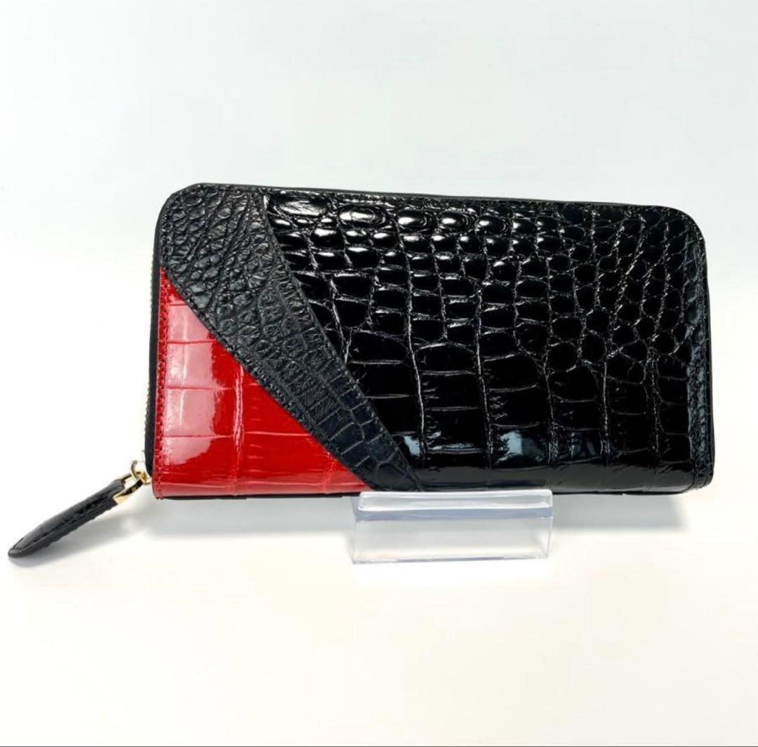 クロコダイル財布 516-2レディース長財布 シャイニング ワニ革 レッド クロコダイル 財布 レディース 長財布 L字ファスナー シャイニング 艶
