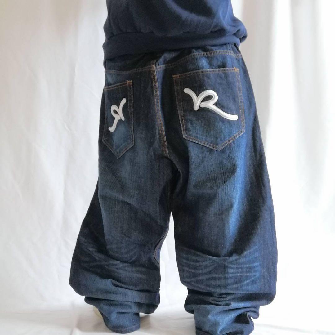 美品 希少 ロカウェア ROCAWEAR バギー デニム W40 デカロゴ 刺繍 00s W42 ロカウェア デニム バギーパンツ ペインター 刺繍 ブラック