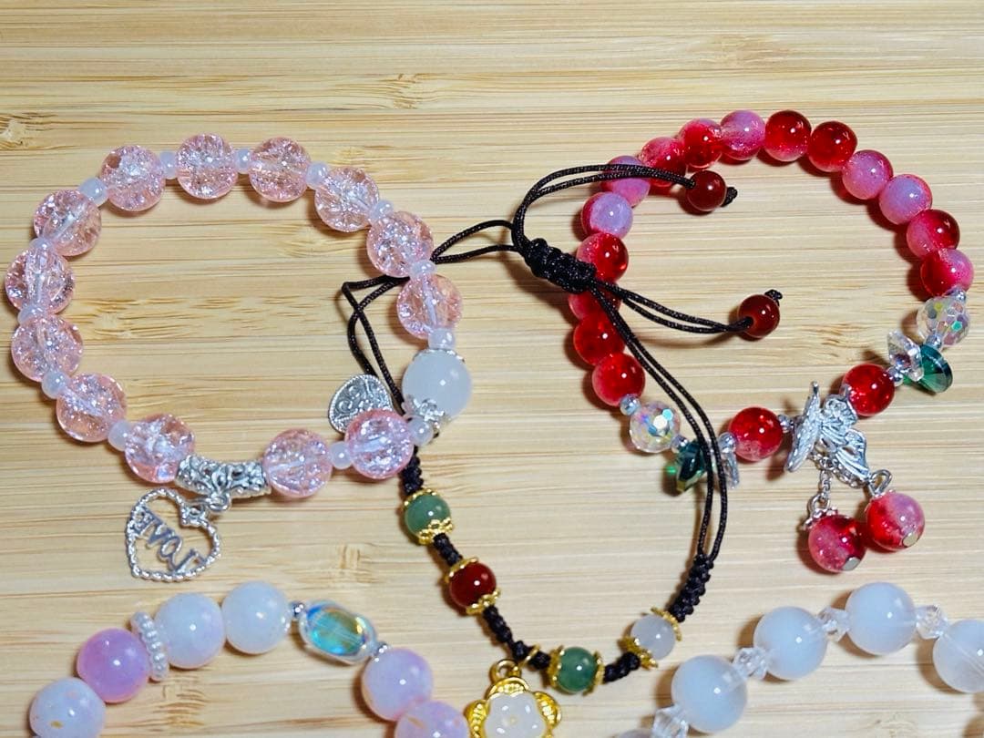 ガラスビーズ ブレスレット ピンク 赤系 ハンドメイド 5点セット