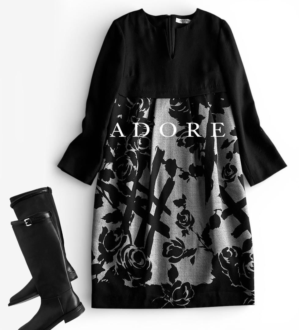 美品 アドーア 極上 落ち感ウール モノトーンボタニカルフラワー切替ワンピース 美品 アドーア 極上 落ち感ウール モノトーンボタニカルフラワー切替