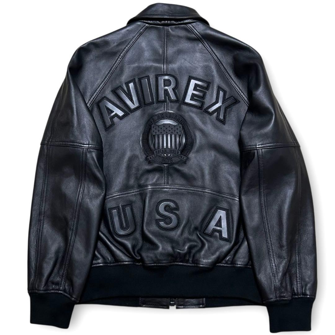 未使用級 AVIREX レザージャケット オールブラック 羊革 スタジャン