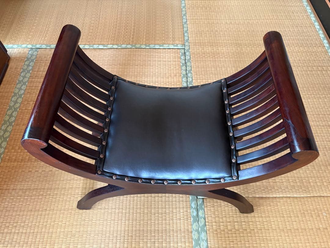 アジアンスタイル 木製スラット椅子 皮付きラタンスツール チェア オットマン アジアン 椅子 イス S154MX