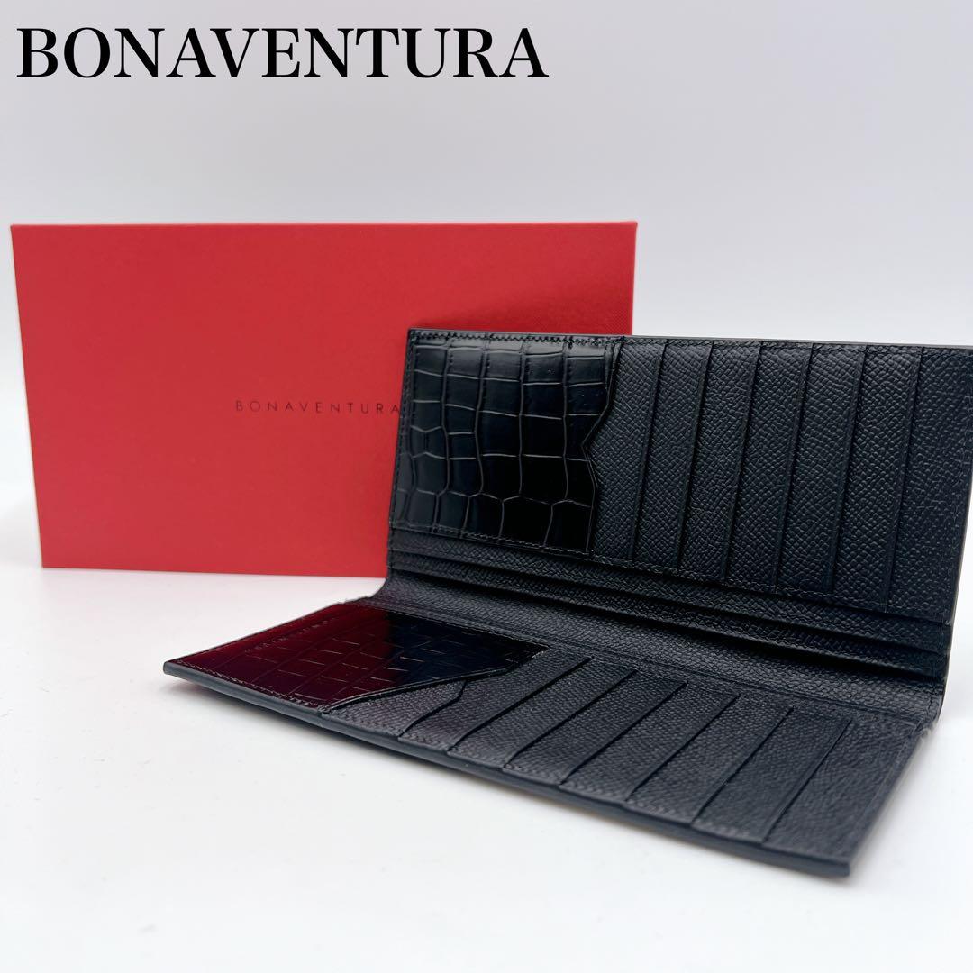 【新品未使用】ボナベンチュラ 長財布 ノブレッサ×エンボスクロコレザー ブラック ロング L字ジップ ウォレット ノブレッサ × エンボスクロコレザー