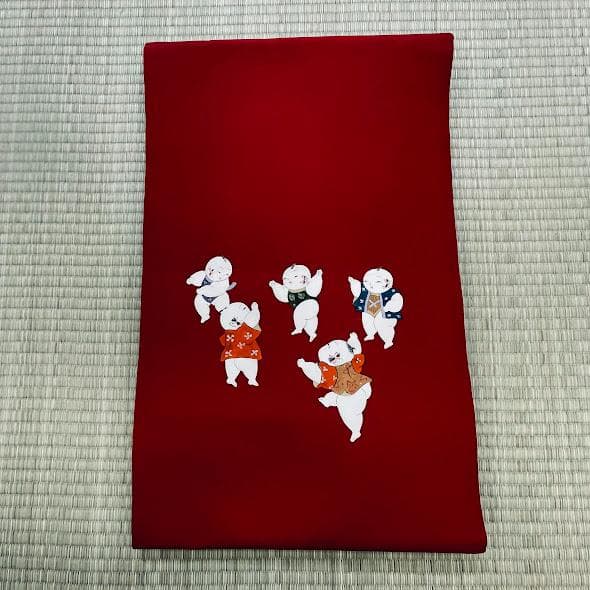 名古屋帯 帯 赤地 童子柄 可愛らしい意匠 カジュアル向け 0304-5-A1