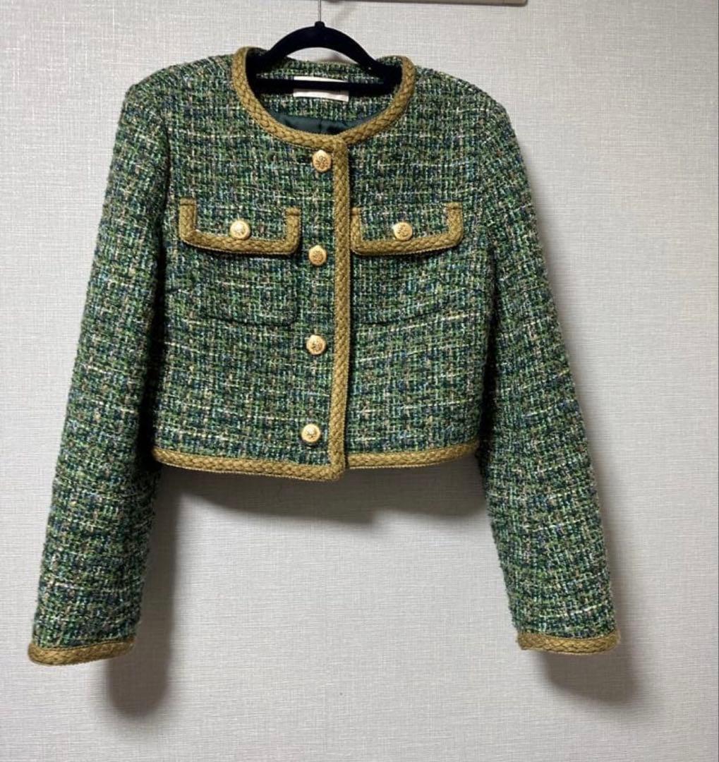 LILY BROWN ノーカラージャケット ツイード　グリーン LILY BROWN（リリーブラウン）の「ツイードジャケット（ノーカラー