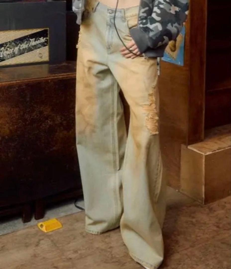 アクレント ダーティクラッシュJ/Wルーズデニムパンツ ARCADE（アーケード） ジーンズ クラッシュダメージ加工 ルーズフレア