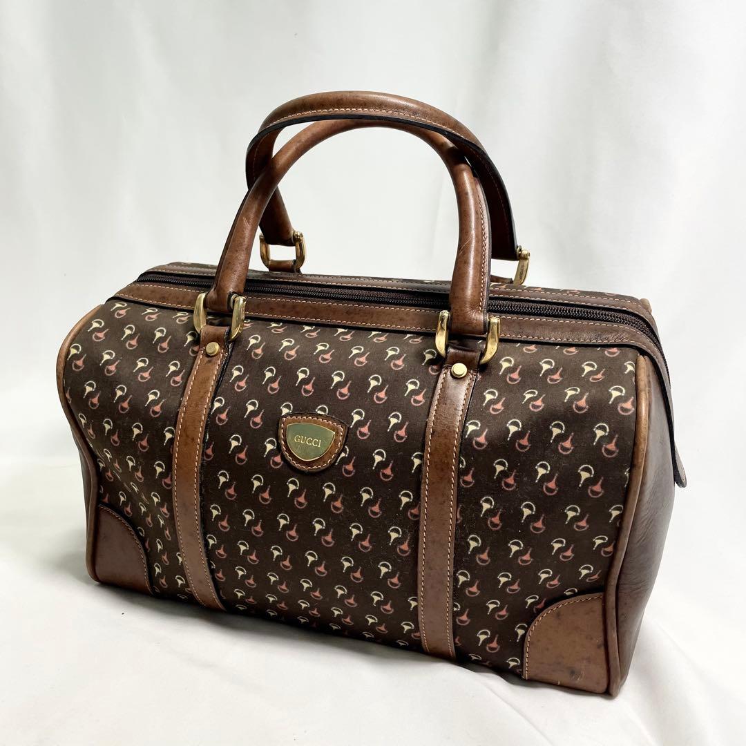 オールド グッチ ミニボストンバッグ レザー ホースビット柄 ブラウン 金金具 オールド グッチ ミニボストンバッグ レザー ホースビット柄 ブラウン