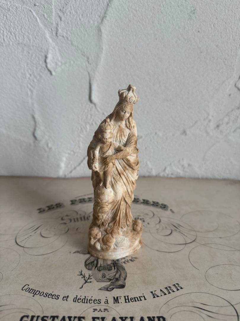 フランスアンティーク　小さなイエスキリスト&聖母マリア像 彫刻 全長14cm イエスキリスト像彫刻聖母マリア小像置物クリスチャンカトリック聖地