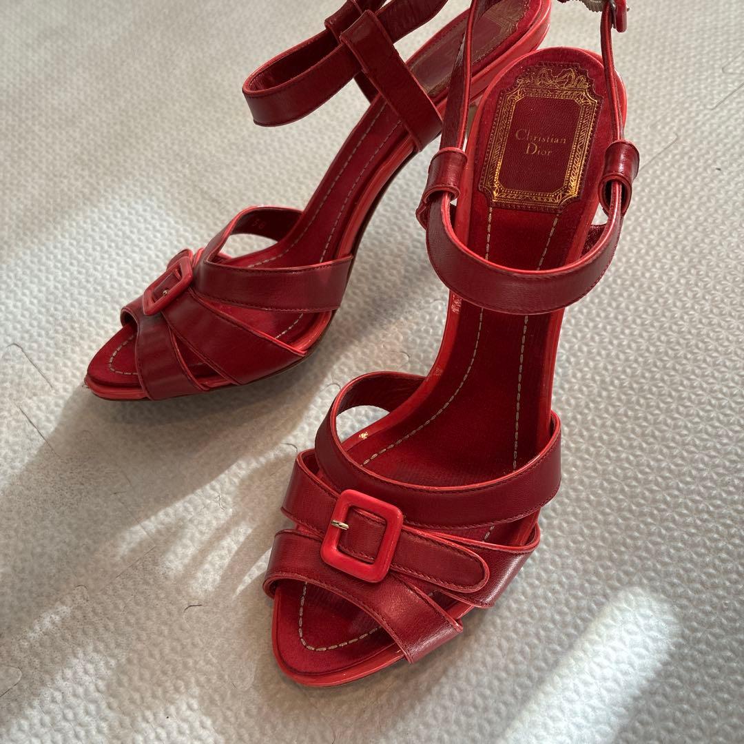 美品　Christian Dior レッド ストラップサンダル 美品 Christian Dior レッド ストラップサンダル