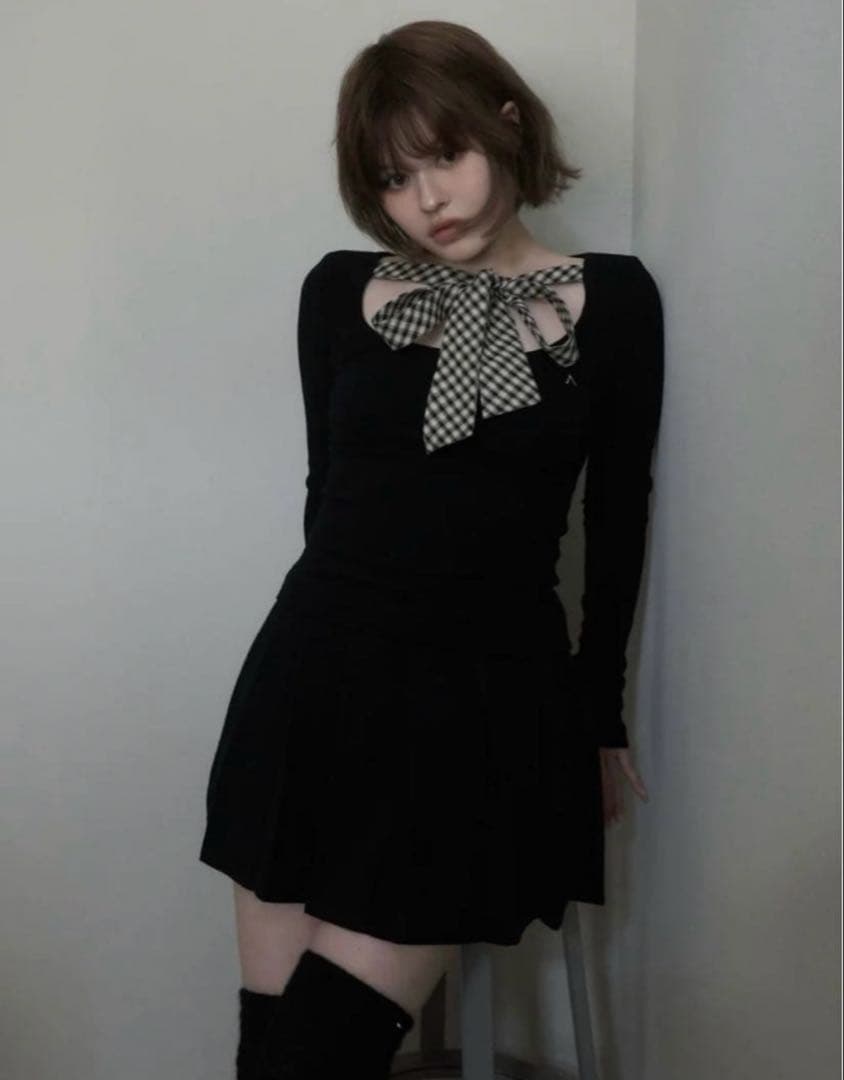 トップス Ami ribbon check tops black andmary ANDMARY】Ami ribbon check tops