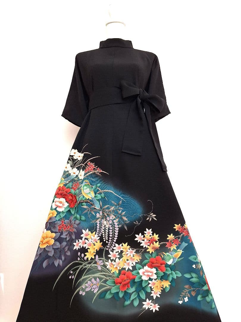 着物リメイクワンピース3690 着物 ワンピース ドレス ハンドメイド リメイク 重ね衿 襟 和洋折衷