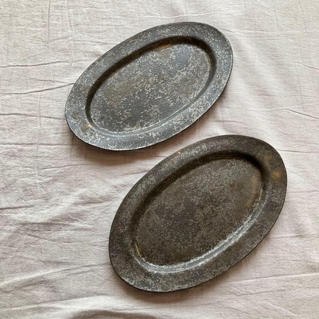 【新品未使用】安福由美子　黒錆　オーバル皿　中皿　2枚セット 安福由美子