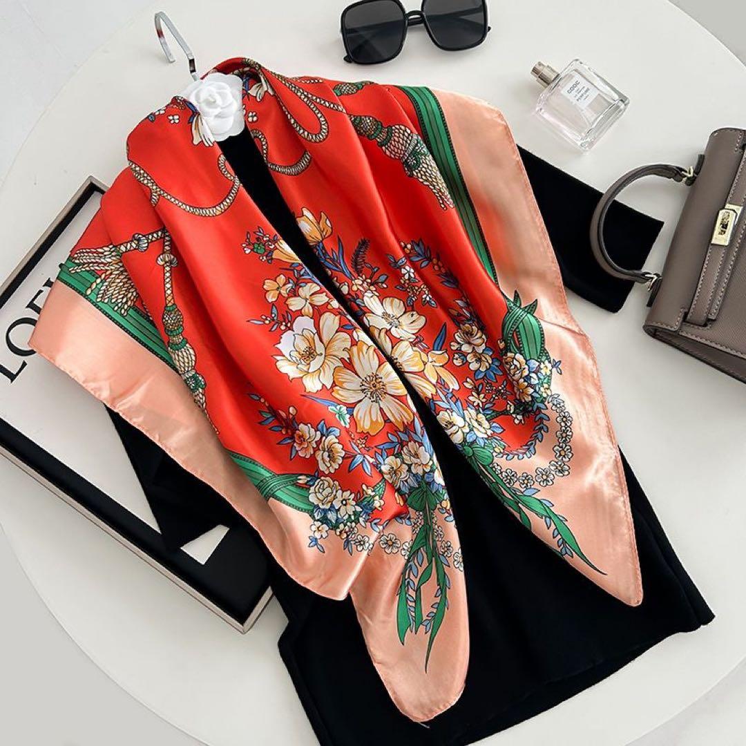 花柄オレンジシルク風スカーフ 約：90cmx 90cm - メルカリ