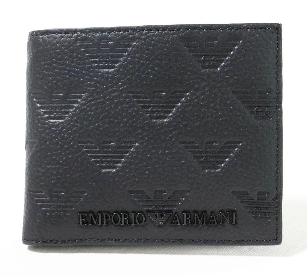 《エンポリオアルマーニ》箱付新品 イーグルロゴ総柄 立体ロゴ レザー2つ折り財布