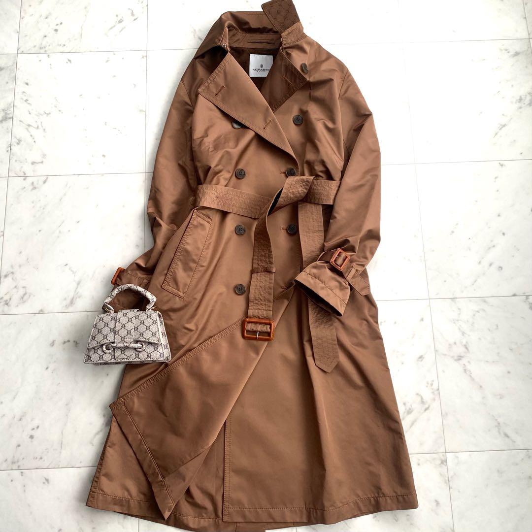 美品 モラビト 襟裏ロゴモノグラム ベルト付きトレンチコート キャメル 38 トレンチコート レディース スプリングコート ベルト付き 春 コート
