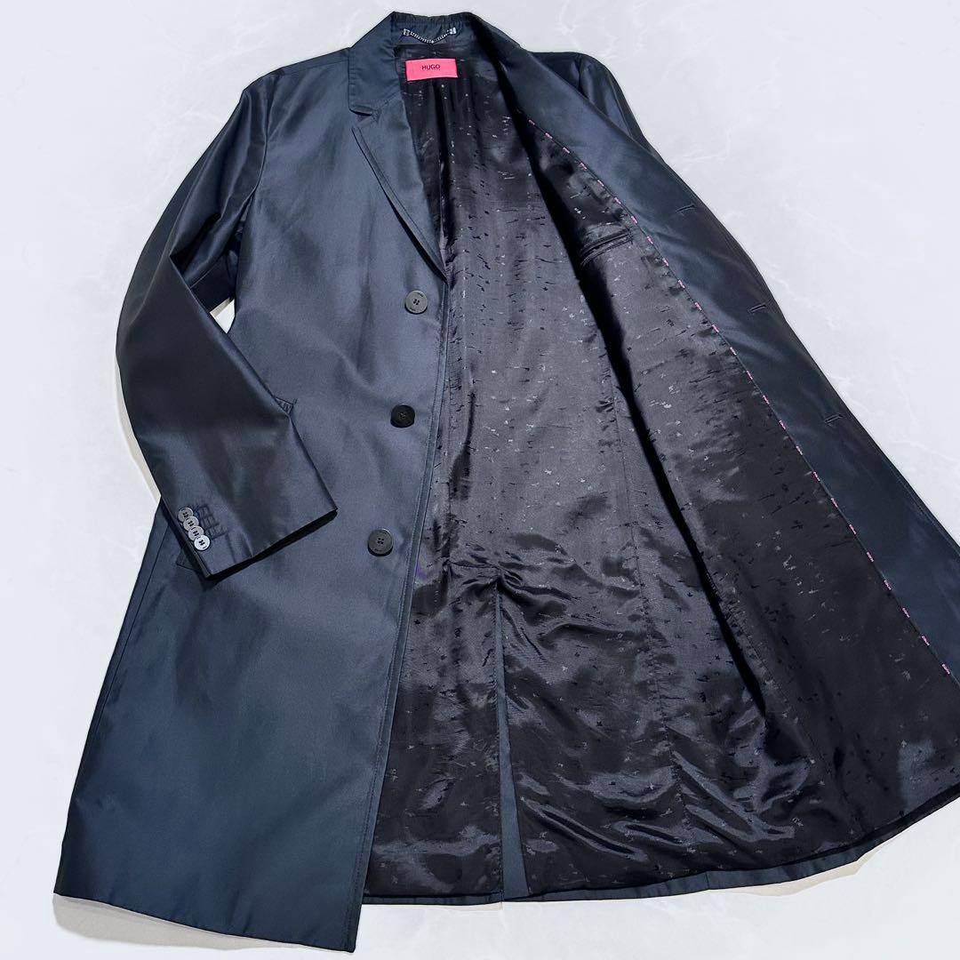 ヒューゴボス チェスターコート 赤タグ シルク 裏地ロゴ ビジネス 現行 黒46 ヒューゴボス メンズ コート HUGO BOSS ブランド チェスターコート