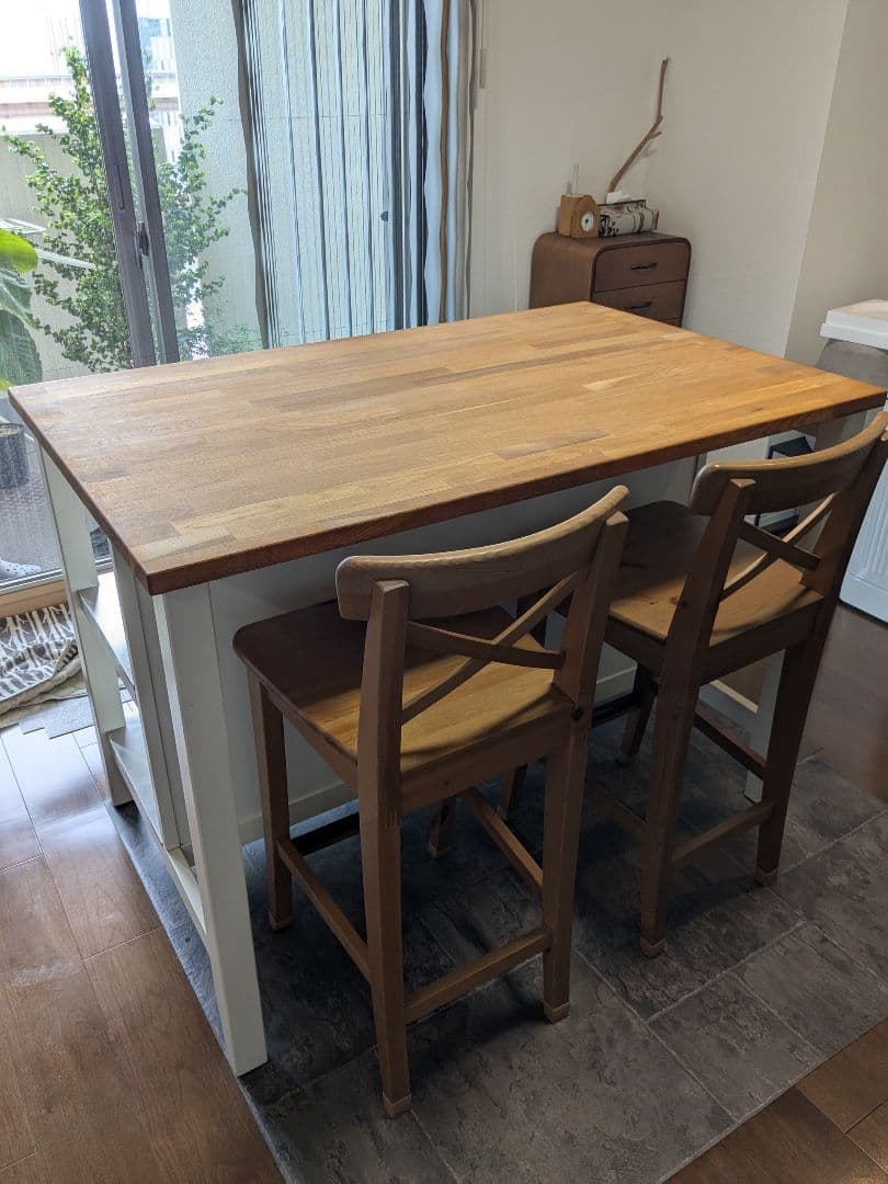 イケアIKEASTENSTORPアイランドキッチンテーブル＆椅子＋おまけ【引取 TORNVIKEN トルンヴィーケン アイランドキッチン, オフホワイト/オーク