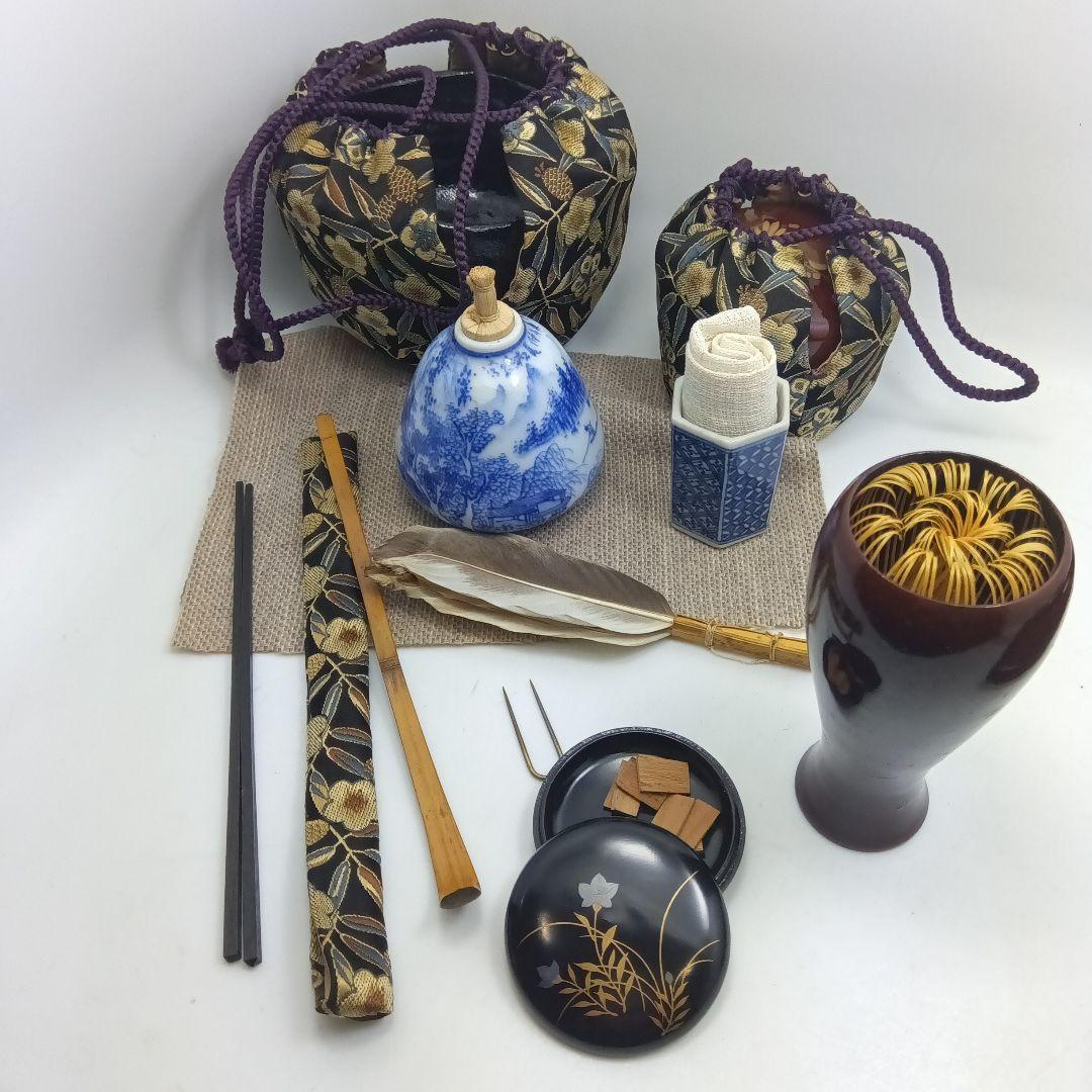茶道具・茶箱10点セット、美品 茶道具 茶箱 基本10点 セット 【 花七宝 】（メーカー直送品）【返品