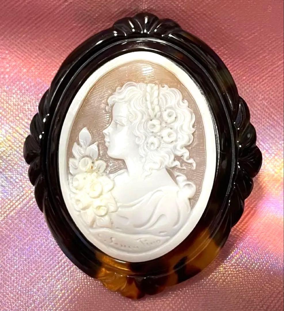 カメオ ベッコウ カメオ 希少 ヴィンテージ サイン入り イタリア製 K14 貝カメオ ブローチ兼ペンダント
