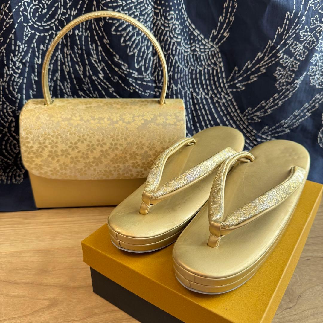 美品　草履　バッグ　着物　浴衣　和装　金　ゴールド　和装用バッグ