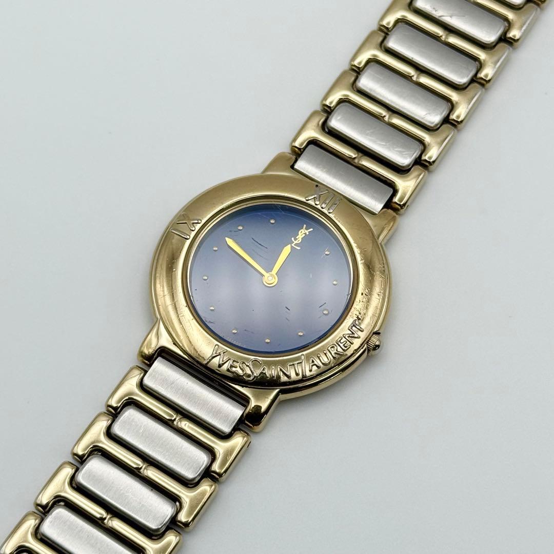 ✨稼働良品✨サンローラン 腕時計 クォーツ ラウンド コンビ 青文字盤