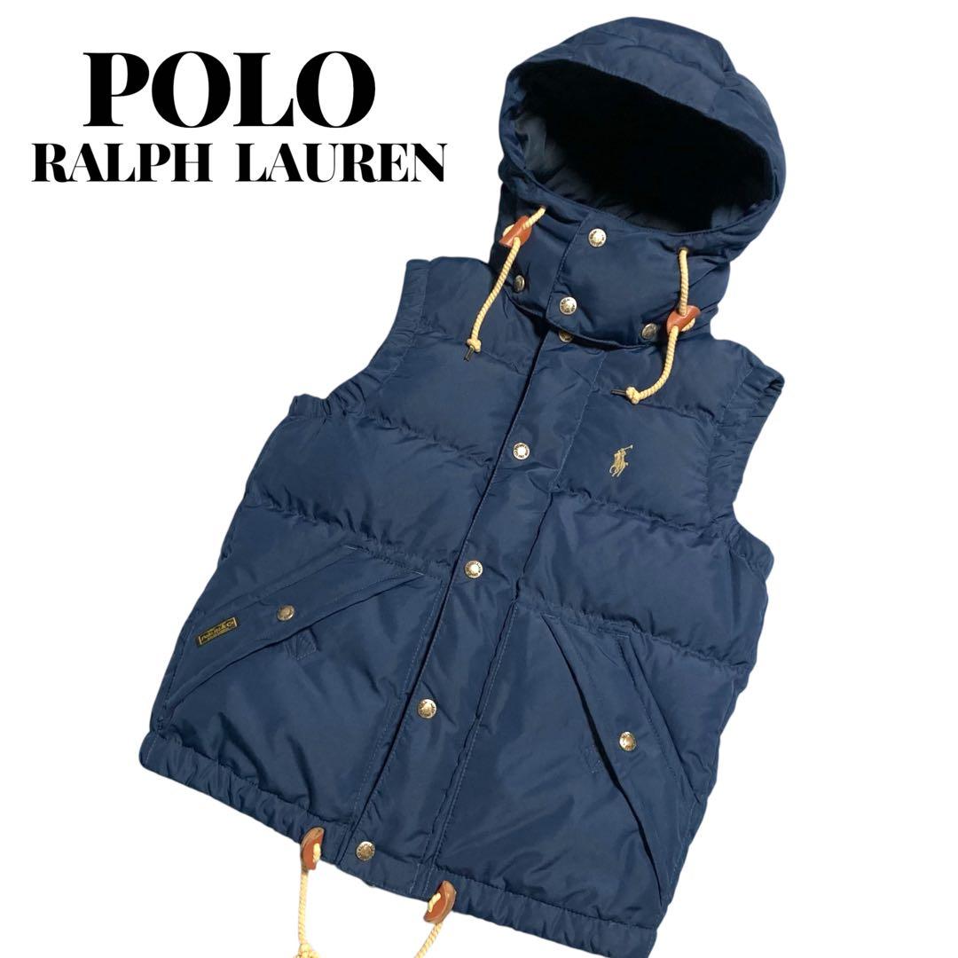 美品★ポロラルフローレン ダウンベスト ホースロゴ 刺繍 レザー フード POLO RALPH LAUREN（ポロ・ラルフローレン） フロント刺繍 フーデッド