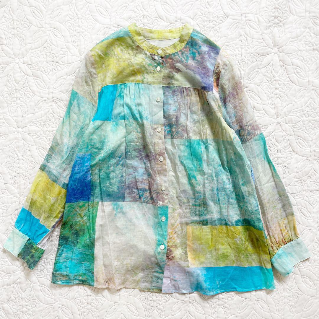 現行　レリアン　ブラウス　11号　シアー素材　バンドカラー　パッチワーク風　綿麻 現行 レリアン ブラウス 11号 シアー素材 バンドカラー パッチワーク風