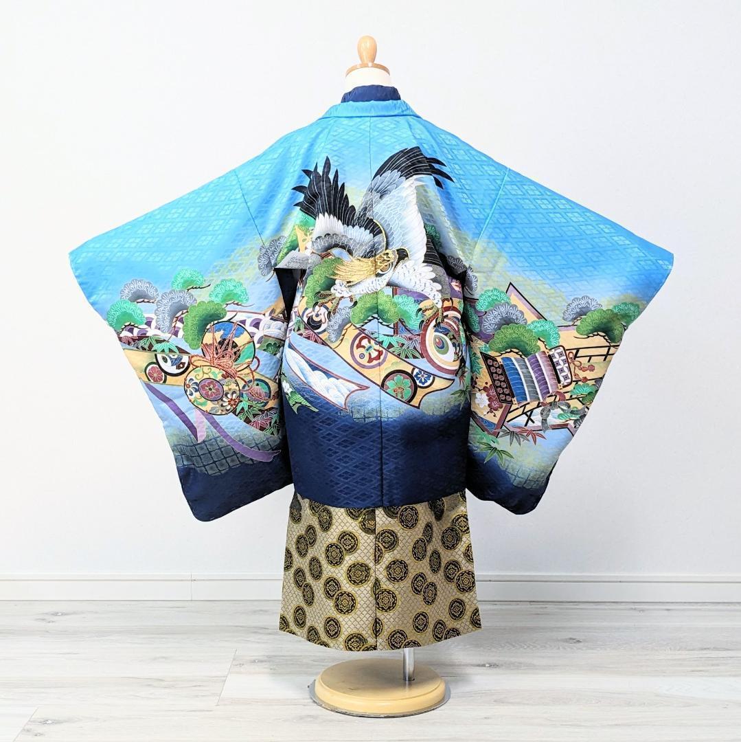 七五三 5歳 男の子 男児 着物 羽織 袴 セット 青 水色 鷹 松 5B-4