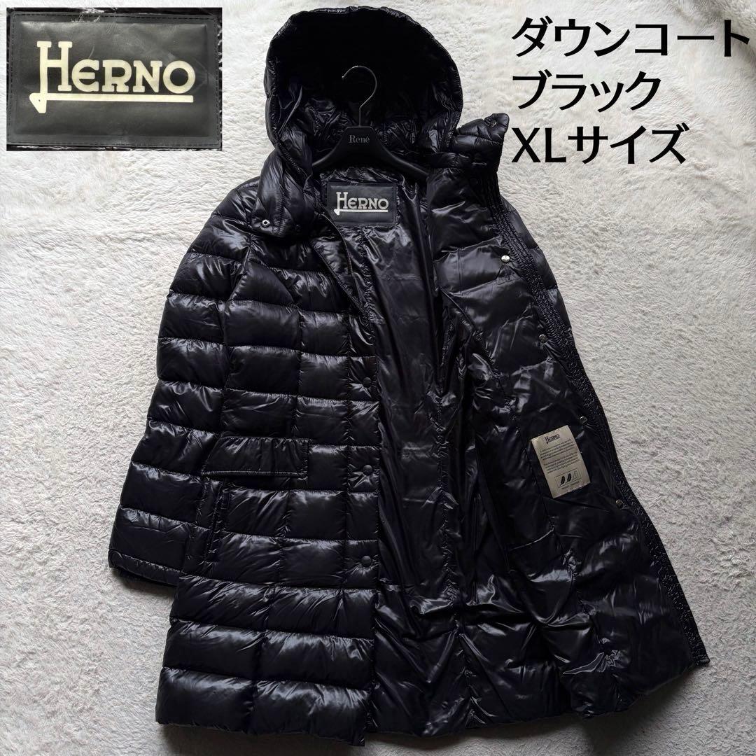 【美品】ヘルノ ライトダウンコート ロング丈 フード付き ダブルジップ 黒 XL HERNO（ヘルノ） ヘルノダウン ブルゾン レディース ロゴ ファーカラー