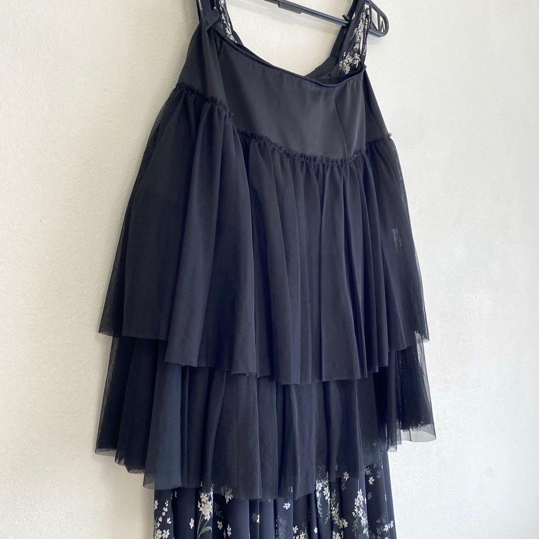 パニエ付き 花柄シフォン×フレアパーティードレス ブラック EPOCA