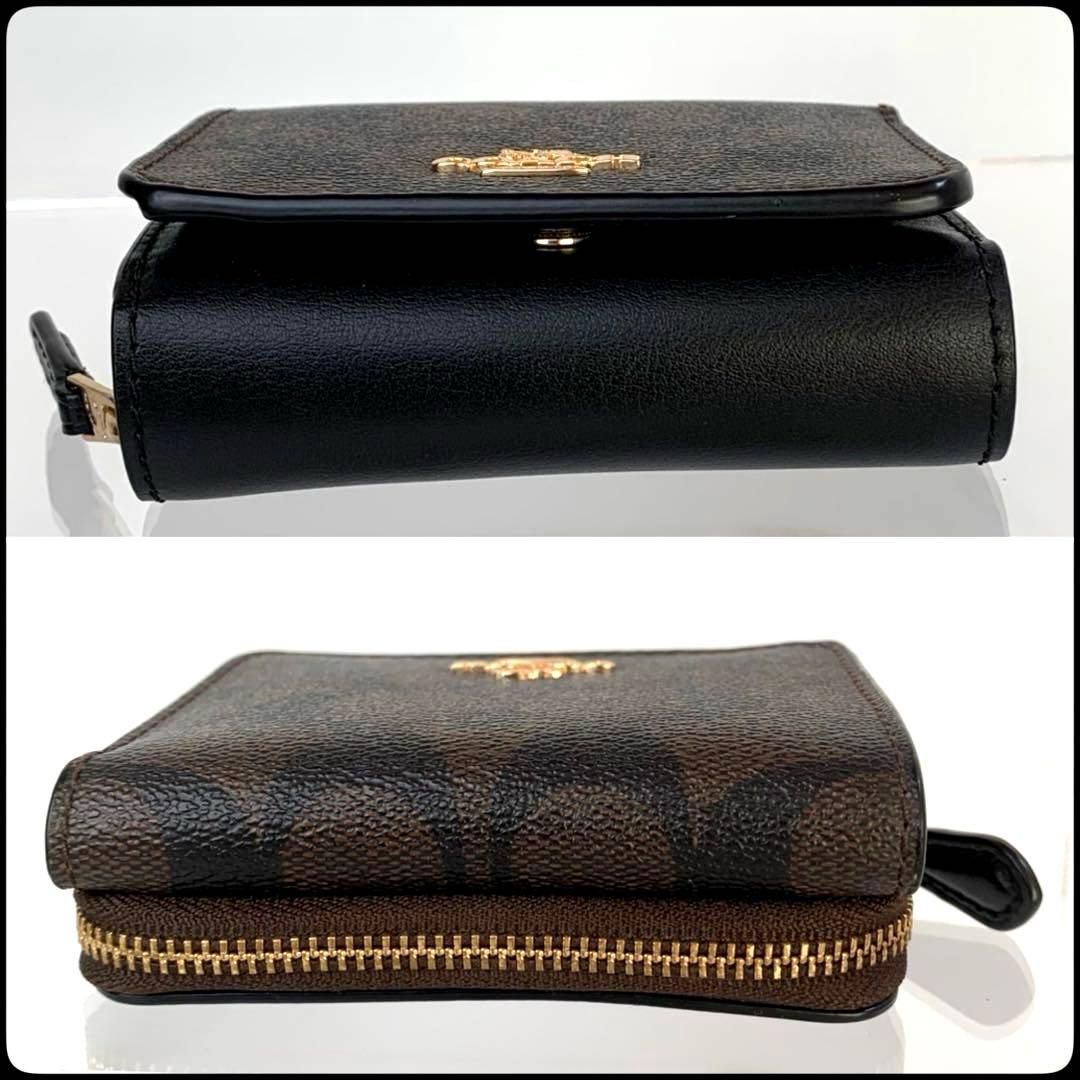 COACH コーチ 三つ折り ミニ財布 ダークブラウン×ブラック PVC レザー